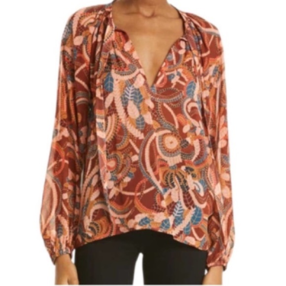 A.L.C. 100% Silk Bohemian Brown Paisley Blouse - Picture 2 of 7